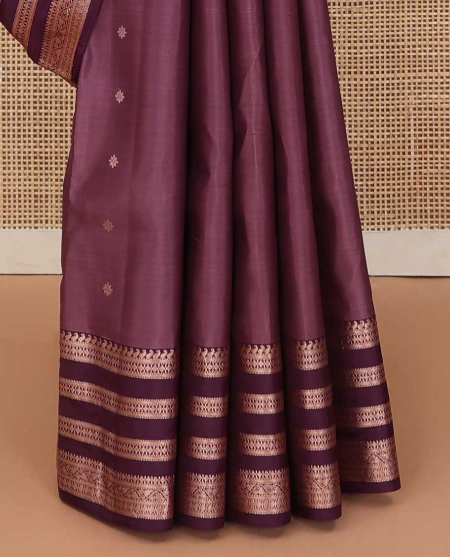 Brown Vasundhara silk saree with zari buttas, contrast border of manga, muthu, banaras, diamonds, and zari designs, and jaal pallu - Image 5