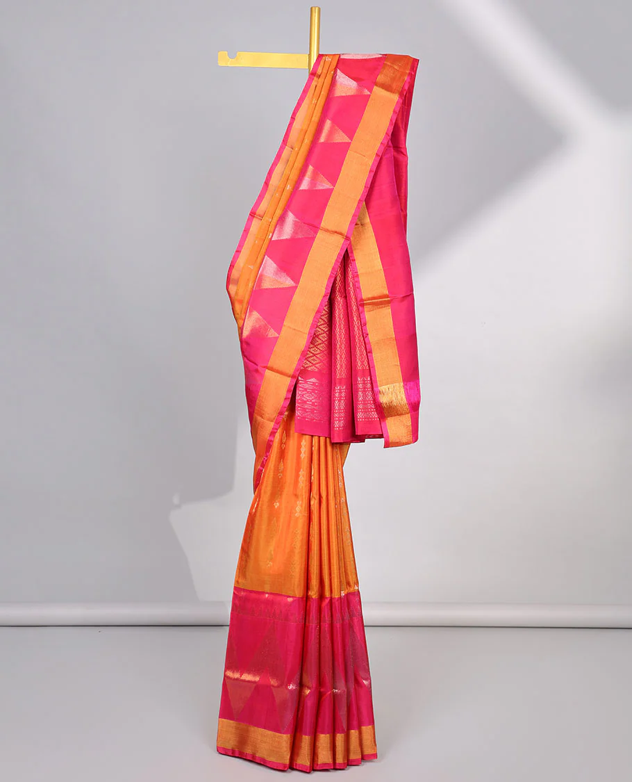 orange buttas uppada silk saree with contrast zig zag striped border & pallu of argyle pattern - Image 2