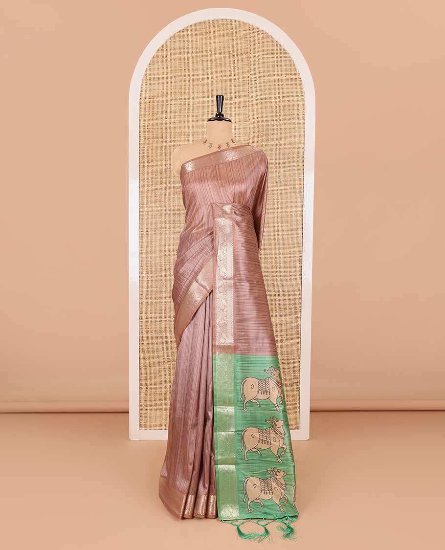 Brown striped semi-tussar saree, traditional zari border of floral creeper designs, contrast pallu of Pichwai cow print, and contrast Pichwai cow printed blouse - Image 2
