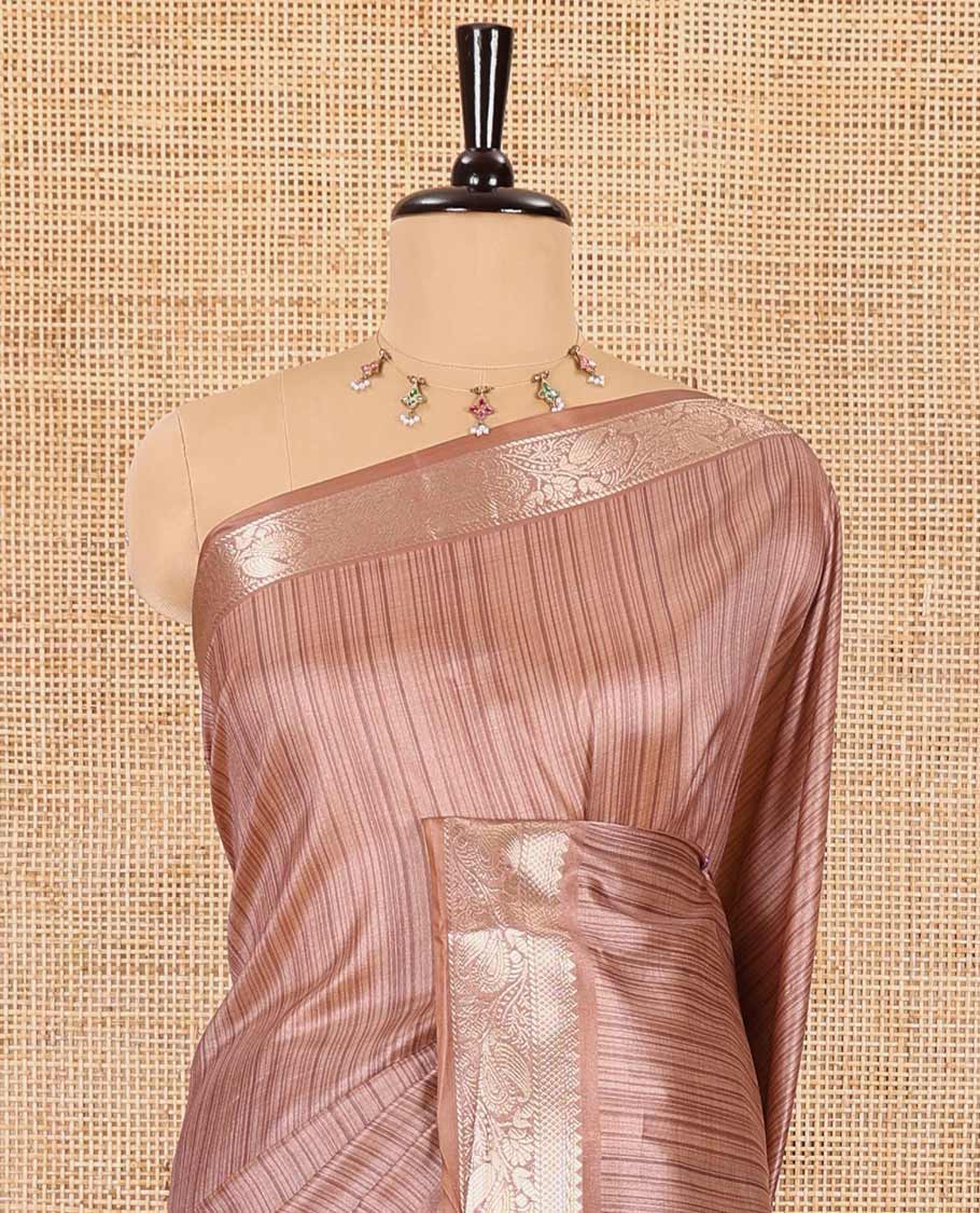 Brown striped semi-tussar saree, traditional zari border of floral creeper designs, contrast pallu of Pichwai cow print, and contrast Pichwai cow printed blouse - Image 3