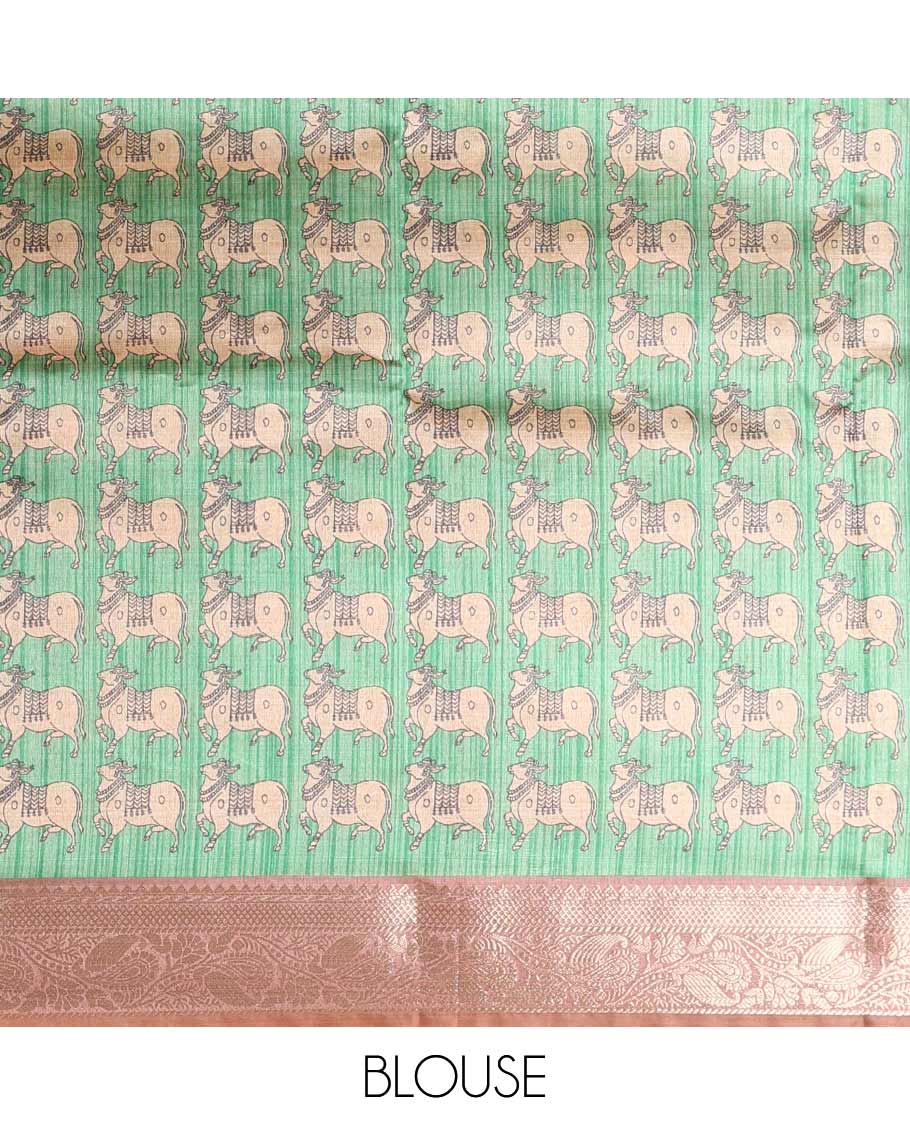 Brown striped semi-tussar saree, traditional zari border of floral creeper designs, contrast pallu of Pichwai cow print, and contrast Pichwai cow printed blouse - Image 4