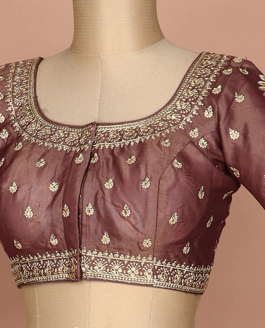 Brown thread embroidered round neck elbow sleeve raw silk readymade blouse - Image 2