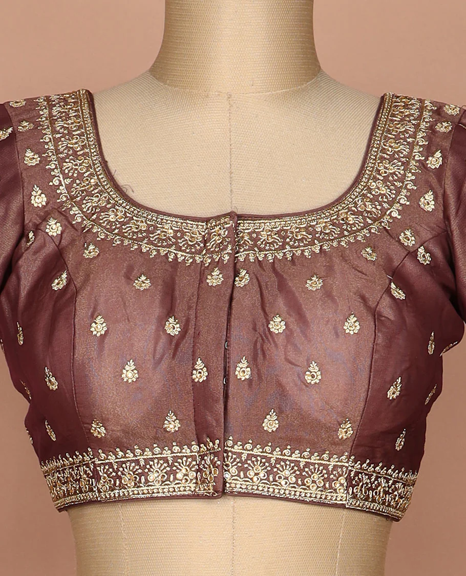 Brown thread embroidered round neck elbow sleeve raw silk readymade blouse - Image 3