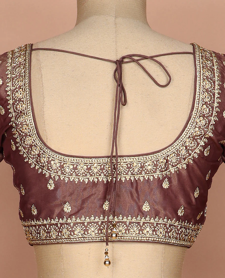 Brown thread embroidered round neck elbow sleeve raw silk readymade blouse - Image 4