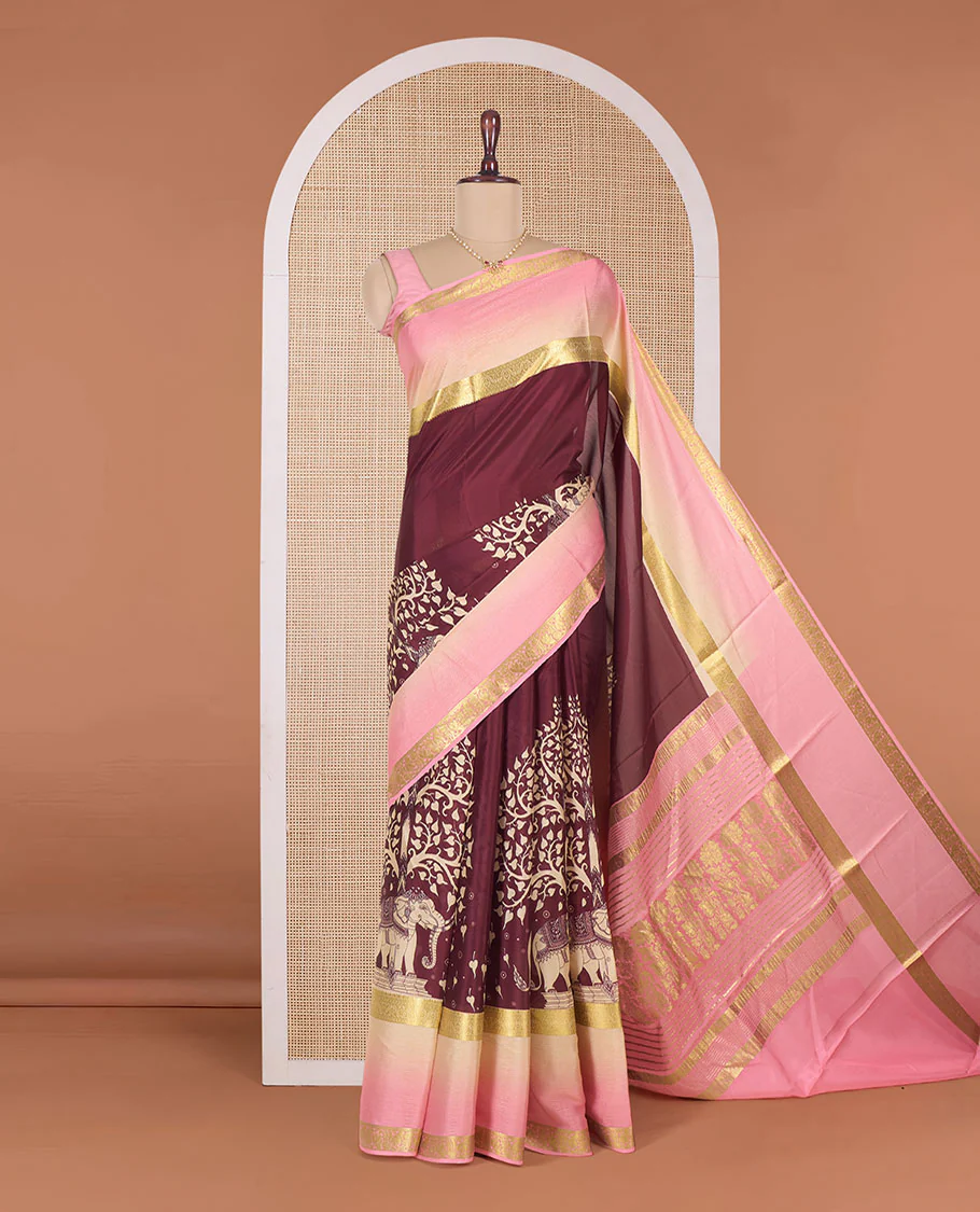 Brown Tree of life and elephant motifs printed Mysore silk saree, contrast traditional zari border and pallu of floral designs - Image 2
