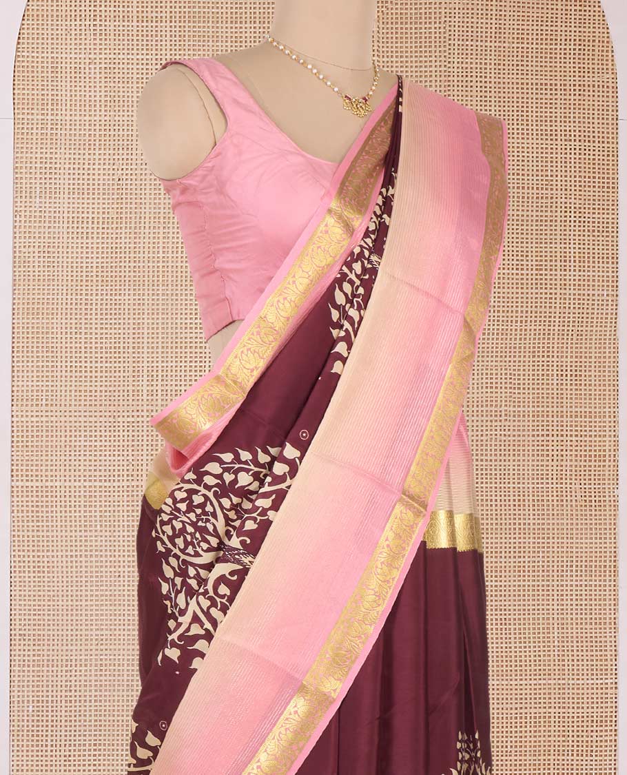Brown Tree of life and elephant motifs printed Mysore silk saree, contrast traditional zari border and pallu of floral designs - Image 3