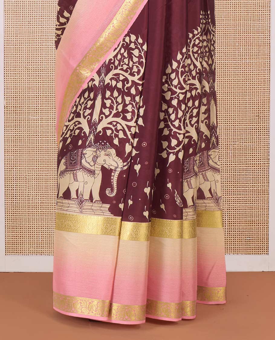 Brown Tree of life and elephant motifs printed Mysore silk saree, contrast traditional zari border and pallu of floral designs - Image 4