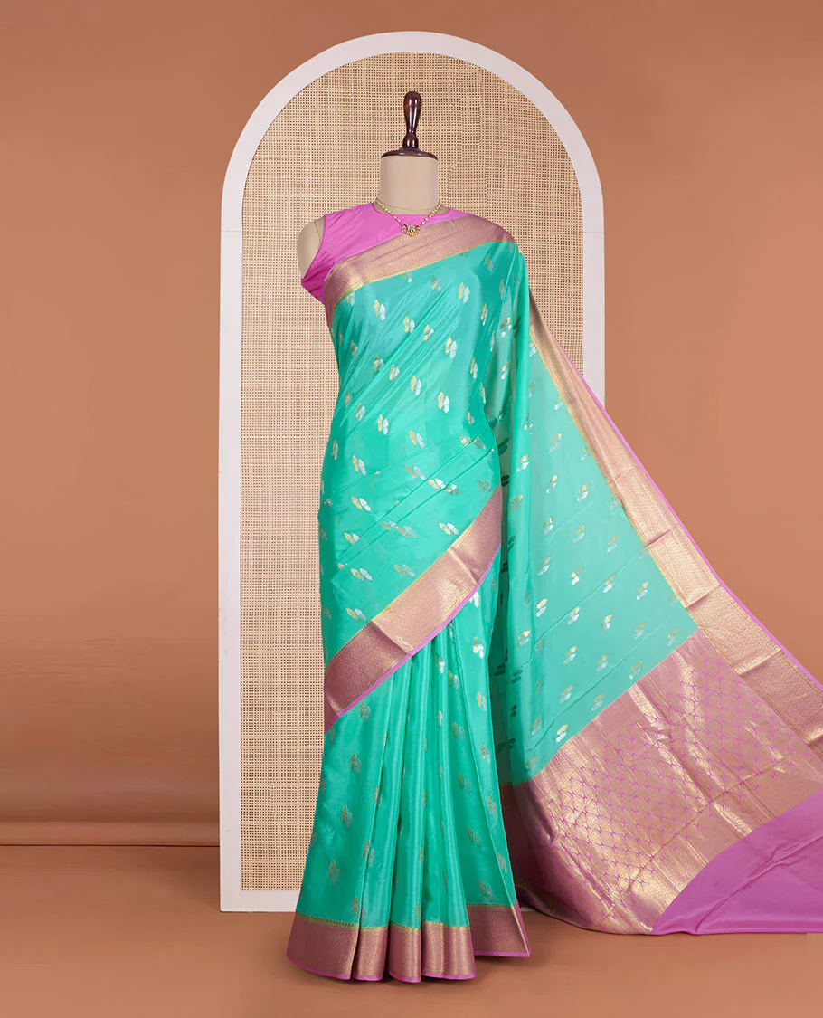 Green zari buttas Mysore silk saree, contrast traditional zari design border, and jaal pallu - Image 2