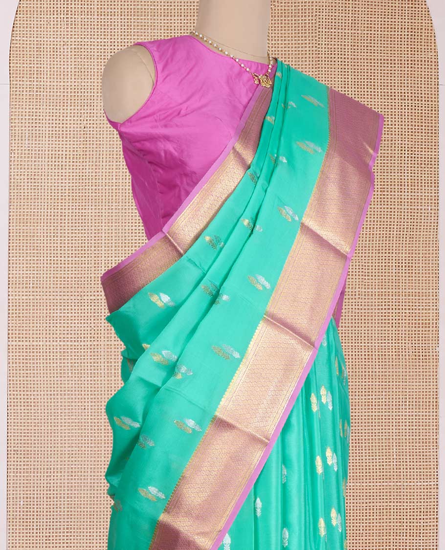 Green zari buttas Mysore silk saree, contrast traditional zari design border, and jaal pallu - Image 3