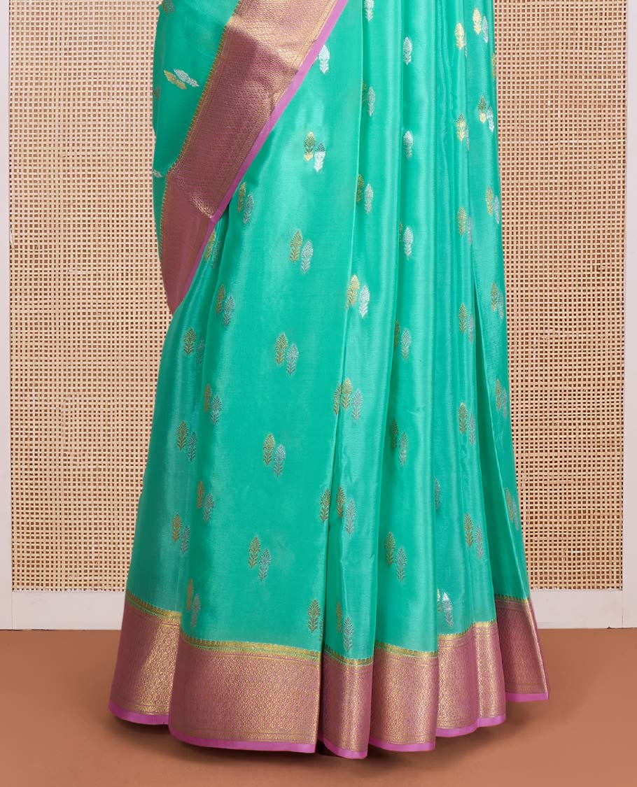 Green zari buttas Mysore silk saree, contrast traditional zari design border, and jaal pallu - Image 4
