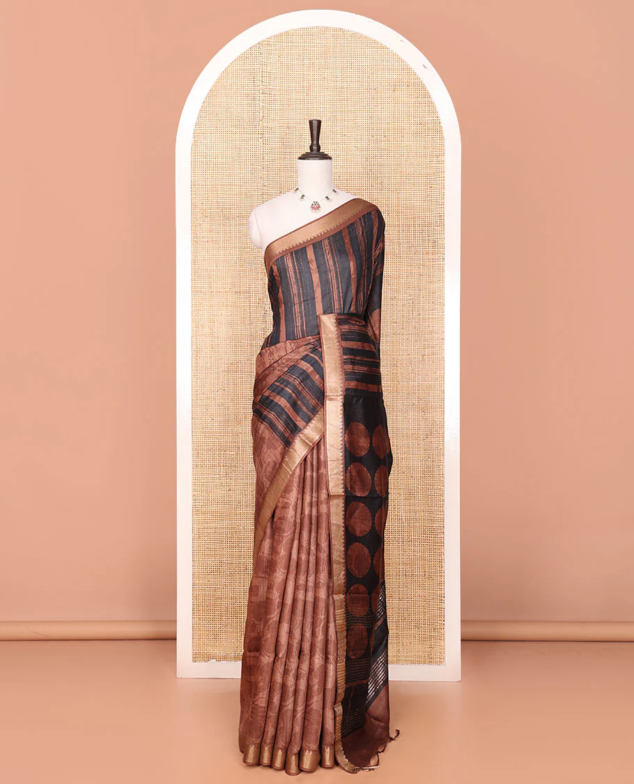 Brown Tussar Saree Elevated with Abstract Print and Circular Motifs, Zari Border Complemented with a Temple Design, Pallu of Circular Motifs Print, and a Matching Blouse - Image 2