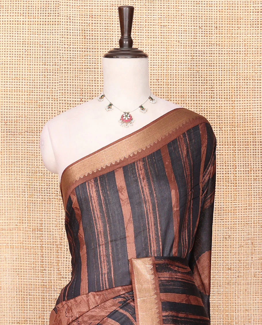 Brown Tussar Saree Elevated with Abstract Print and Circular Motifs, Zari Border Complemented with a Temple Design, Pallu of Circular Motifs Print, and a Matching Blouse - Image 3