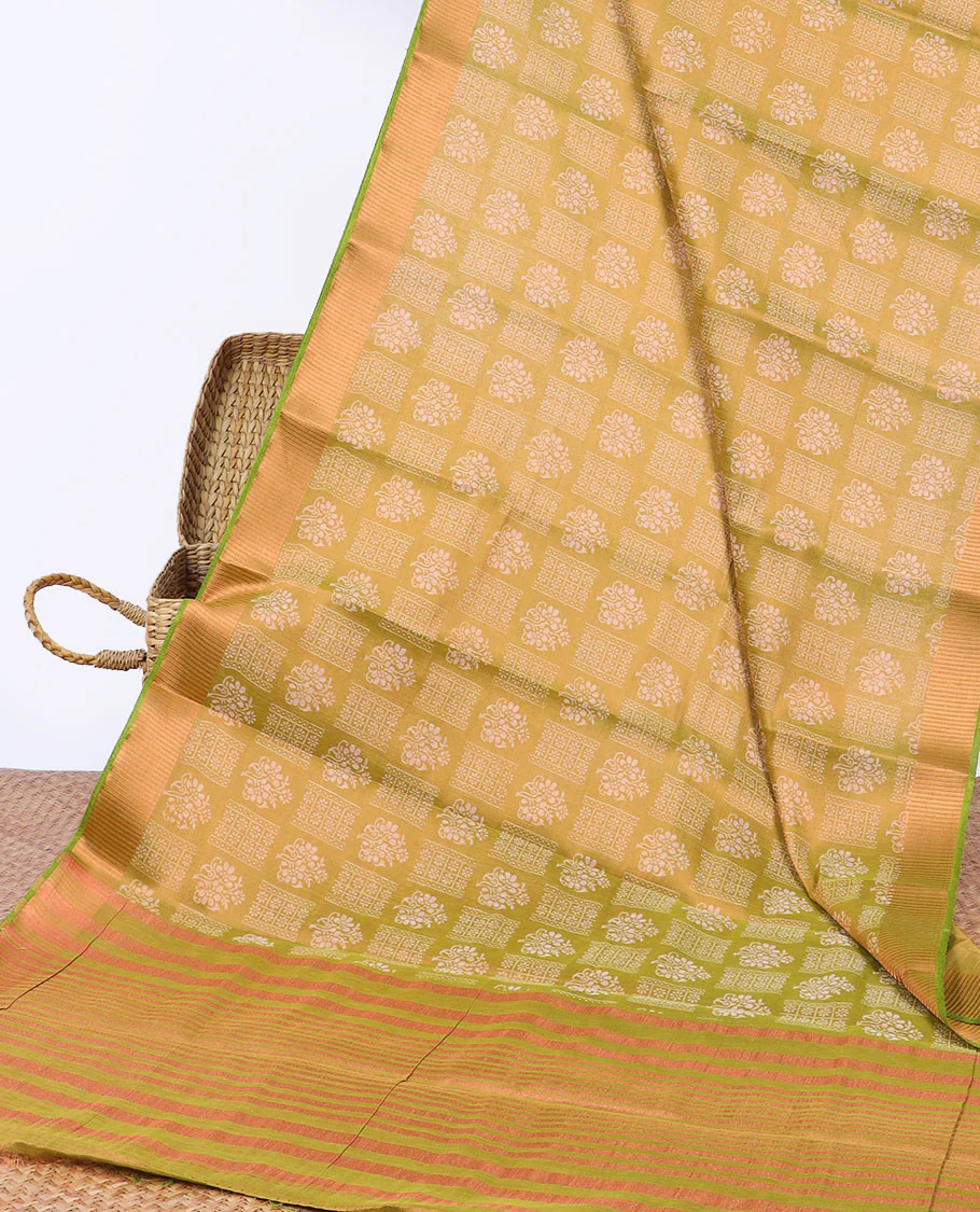 Brown unique printed semi-banaras tissue saree, contrast zari border & striped pallu - Image 11