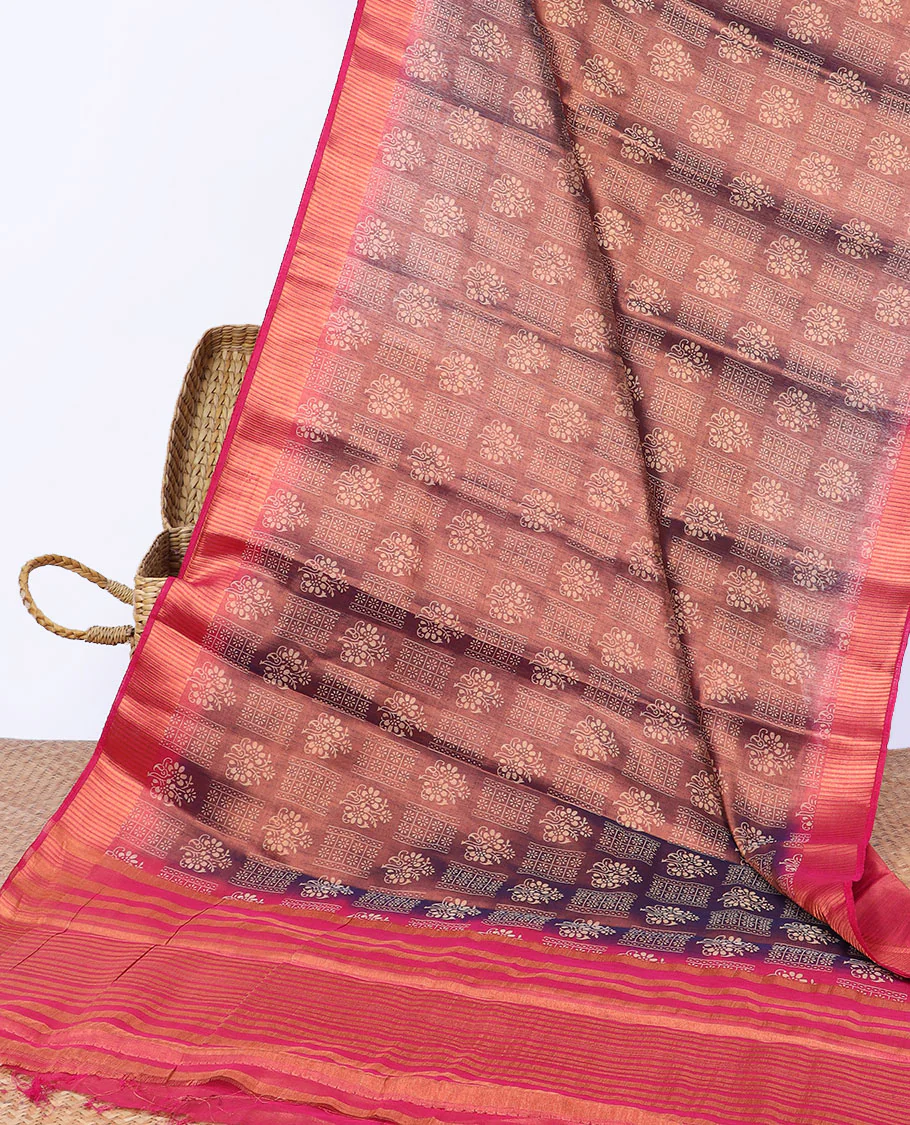 Brown unique printed semi-banaras tissue saree, contrast zari border & striped pallu - Image 2