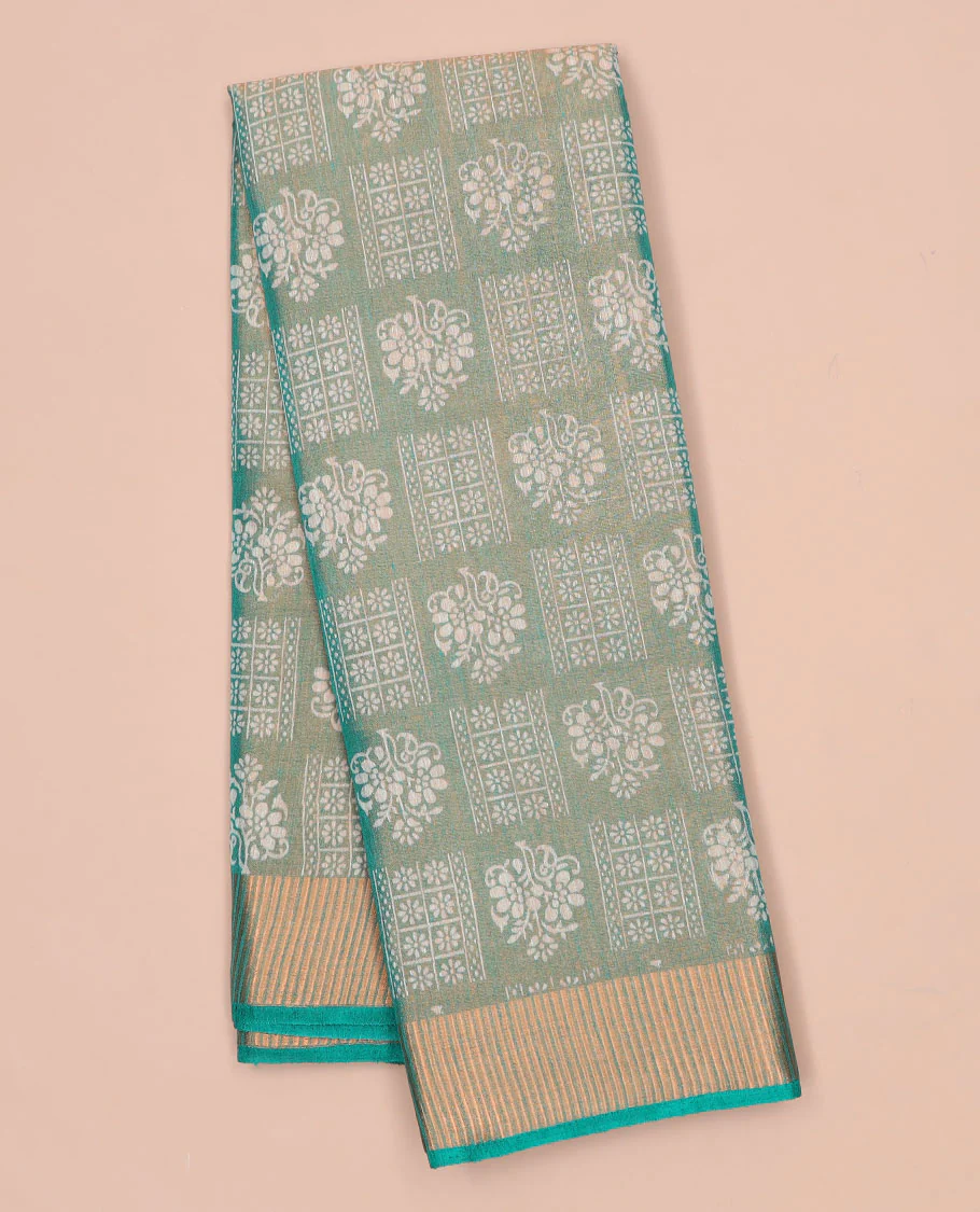 Brown unique printed semi-banaras tissue saree, contrast zari border & striped pallu - Image 4