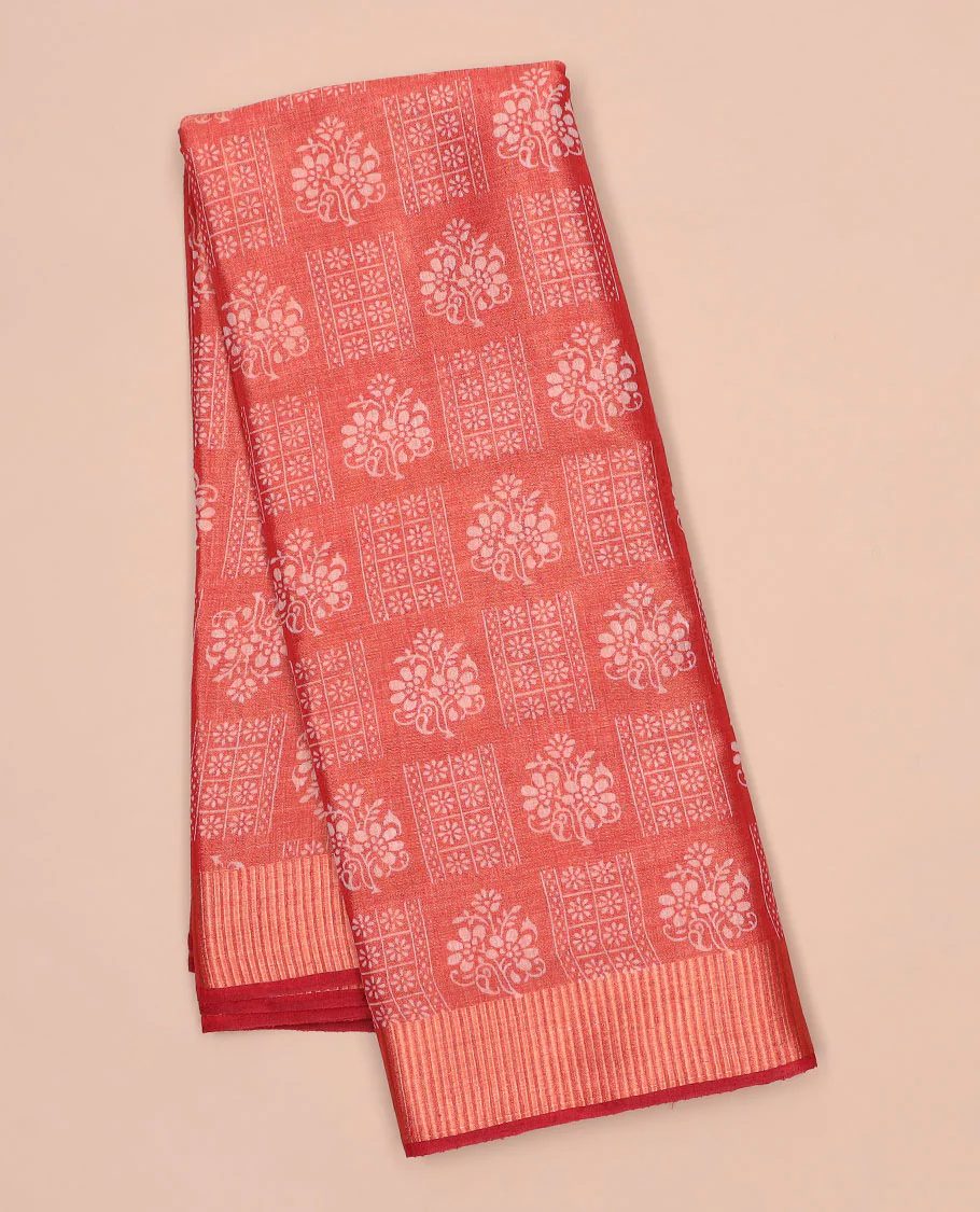 Brown unique printed semi-banaras tissue saree, contrast zari border & striped pallu - Image 7