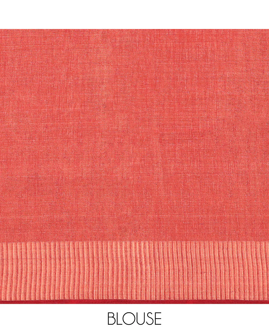 Brown unique printed semi-banaras tissue saree, contrast zari border & striped pallu - Image 9