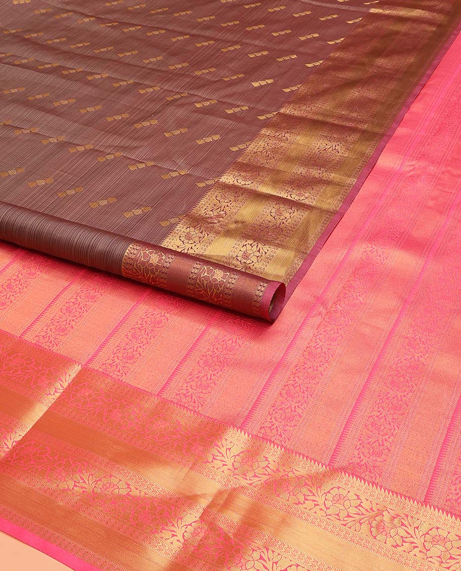 Brown Vasundhara Lite Silk Mix Saree Artfully Detailed with Zari Buttas, Complemented with a Contrast Border Featuring Ara Bogudi, Kathir, Muthu, and Kodi Visiry Designs, Pallu Decked Up with Traditional Designs, and a Contrast Blouse - Image 2