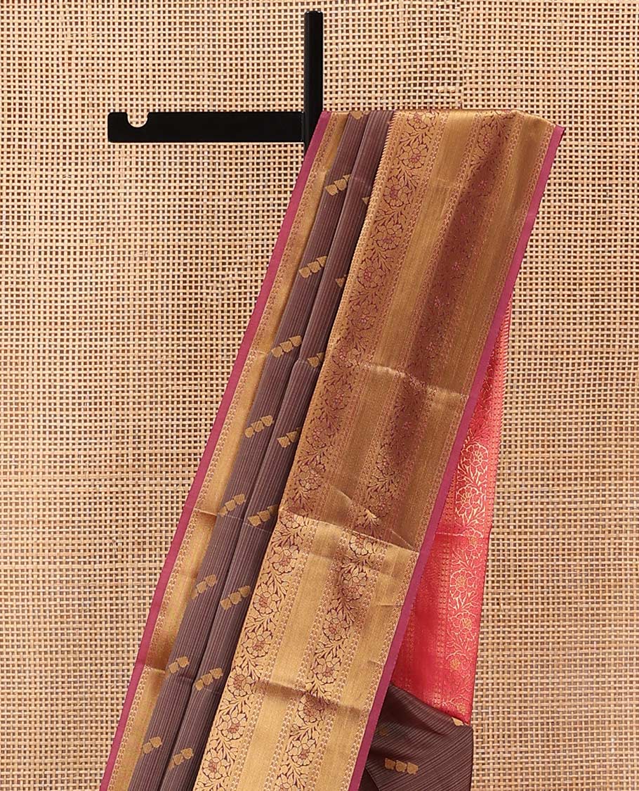 Brown Vasundhara Lite Silk Mix Saree Artfully Detailed with Zari Buttas, Complemented with a Contrast Border Featuring Ara Bogudi, Kathir, Muthu, and Kodi Visiry Designs, Pallu Decked Up with Traditional Designs, and a Contrast Blouse - Image 3