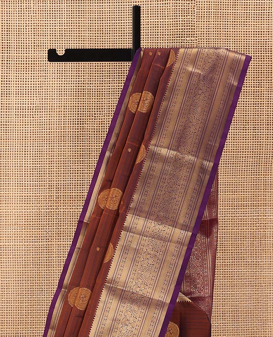 Brown Vasundhara Lite Silk Mix Saree Beautified with Chakram Zari Buttas, Complemented with a Contrast Border Featuring Rekku, Muthu, Kathir, Kamalam, and Mayil Designs, Pallu Elevated with Jaal Designs, and Paired with a Contrast Blouse - Image 3