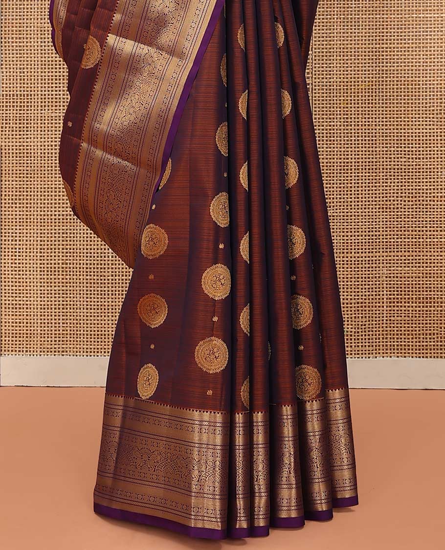 Brown Vasundhara Lite Silk Mix Saree Beautified with Chakram Zari Buttas, Complemented with a Contrast Border Featuring Rekku, Muthu, Kathir, Kamalam, and Mayil Designs, Pallu Elevated with Jaal Designs, and Paired with a Contrast Blouse - Image 4