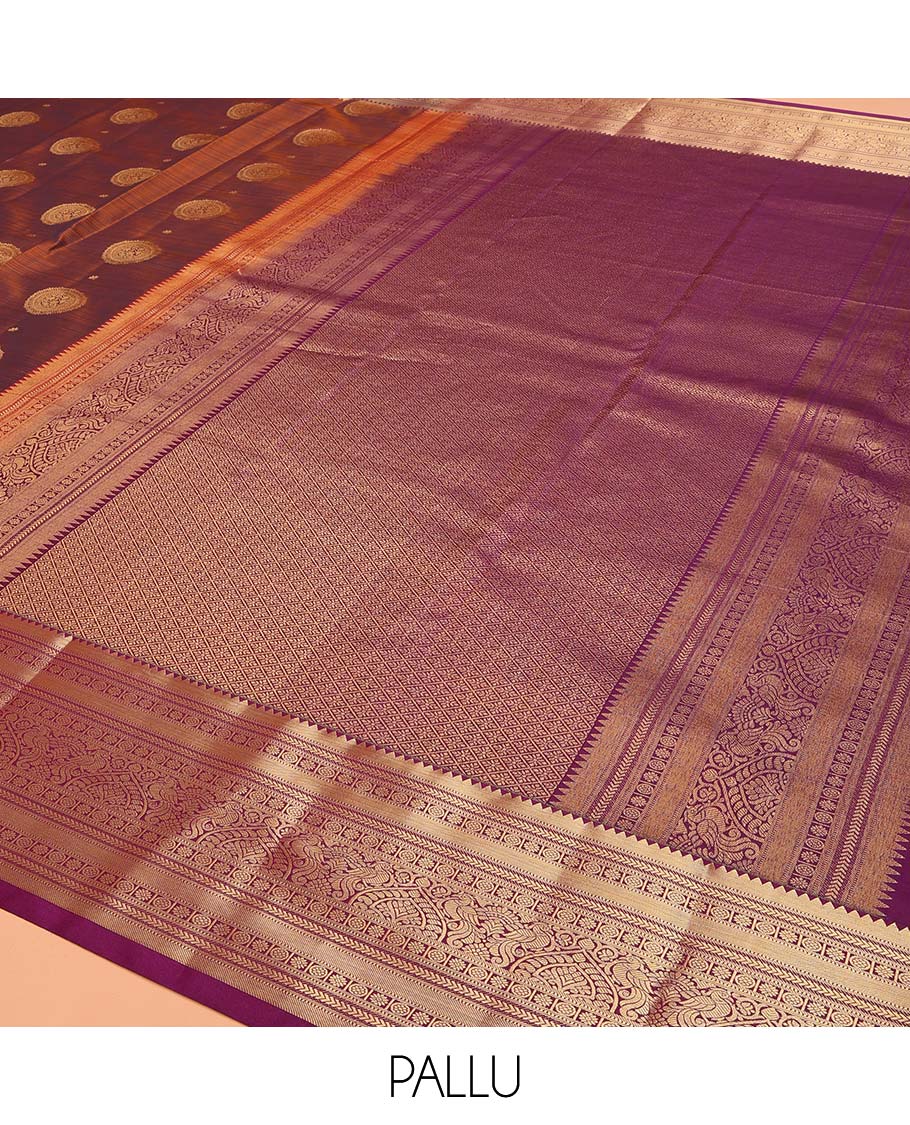 Brown Vasundhara Lite Silk Mix Saree Beautified with Chakram Zari Buttas, Complemented with a Contrast Border Featuring Rekku, Muthu, Kathir, Kamalam, and Mayil Designs, Pallu Elevated with Jaal Designs, and Paired with a Contrast Blouse - Image 5