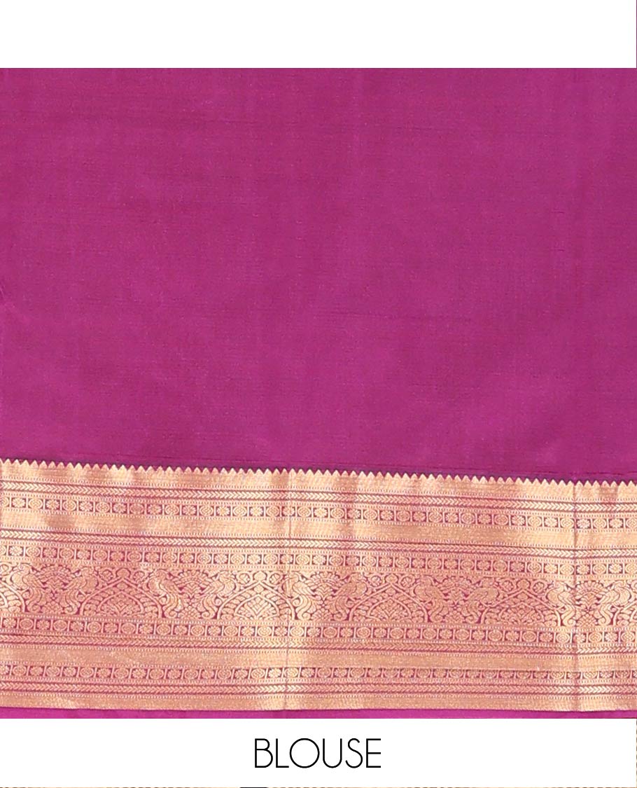 Brown Vasundhara Lite Silk Mix Saree Beautified with Chakram Zari Buttas, Complemented with a Contrast Border Featuring Rekku, Muthu, Kathir, Kamalam, and Mayil Designs, Pallu Elevated with Jaal Designs, and Paired with a Contrast Blouse - Image 6