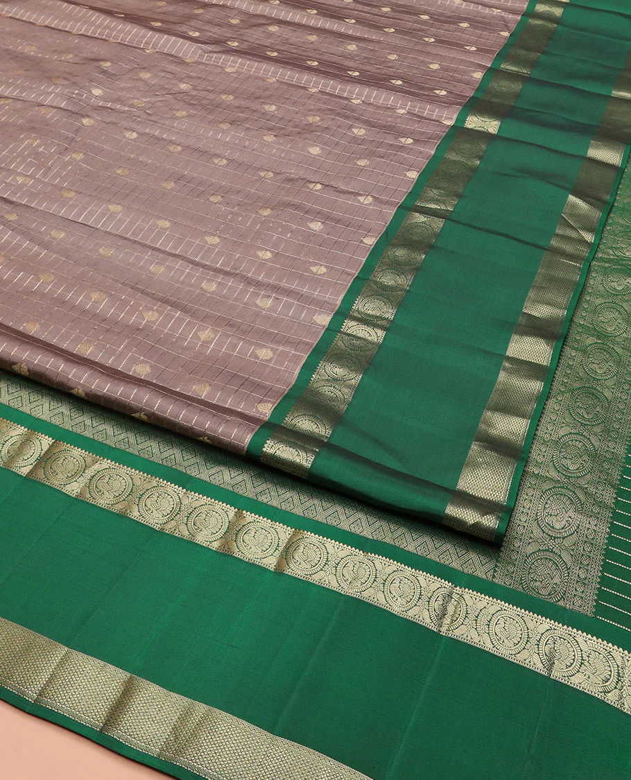 Brown Vasundhara Silk Saree Gleamed Up with Zari Butta Enclosed Checks, Complemented by a Contrast Rettai Pettu Blouse of Rekku, Round Mayil, Neli, and Mayil Kann Designs, Pallu Embellished with Jaal Designs, and Paired with a Contrast Blouse - Image 2