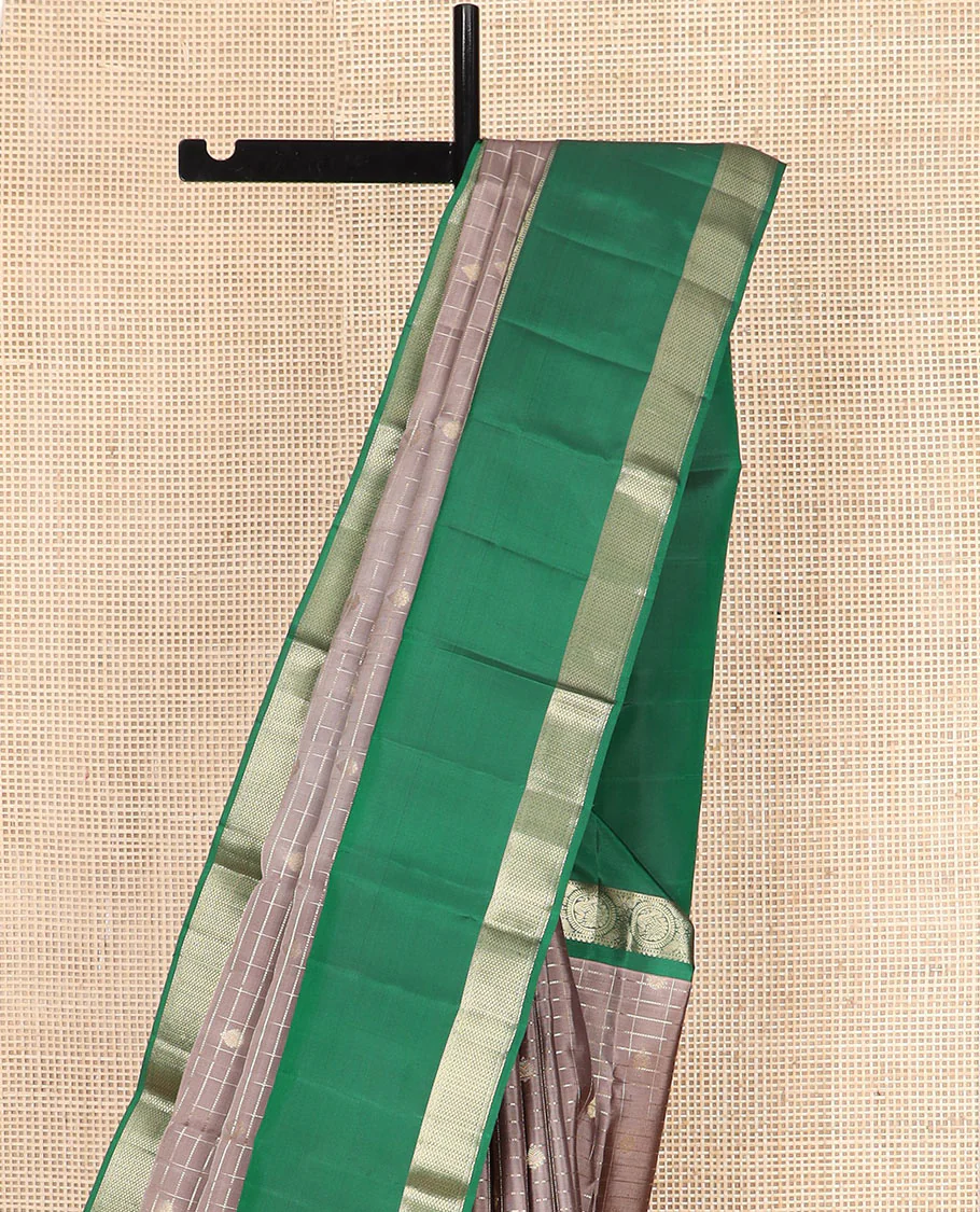 Brown Vasundhara Silk Saree Gleamed Up with Zari Butta Enclosed Checks, Complemented by a Contrast Rettai Pettu Blouse of Rekku, Round Mayil, Neli, and Mayil Kann Designs, Pallu Embellished with Jaal Designs, and Paired with a Contrast Blouse - Image 3
