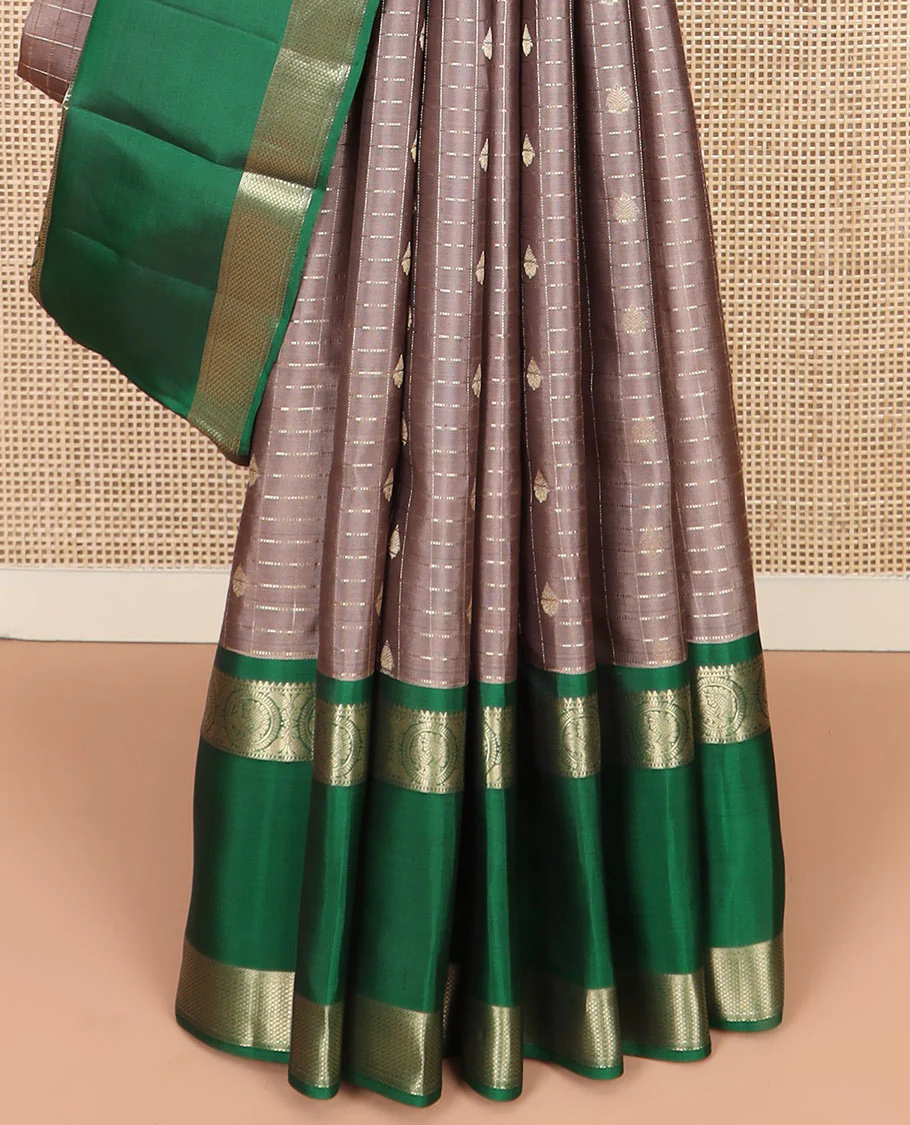 Brown Vasundhara Silk Saree Gleamed Up with Zari Butta Enclosed Checks, Complemented by a Contrast Rettai Pettu Blouse of Rekku, Round Mayil, Neli, and Mayil Kann Designs, Pallu Embellished with Jaal Designs, and Paired with a Contrast Blouse - Image 4