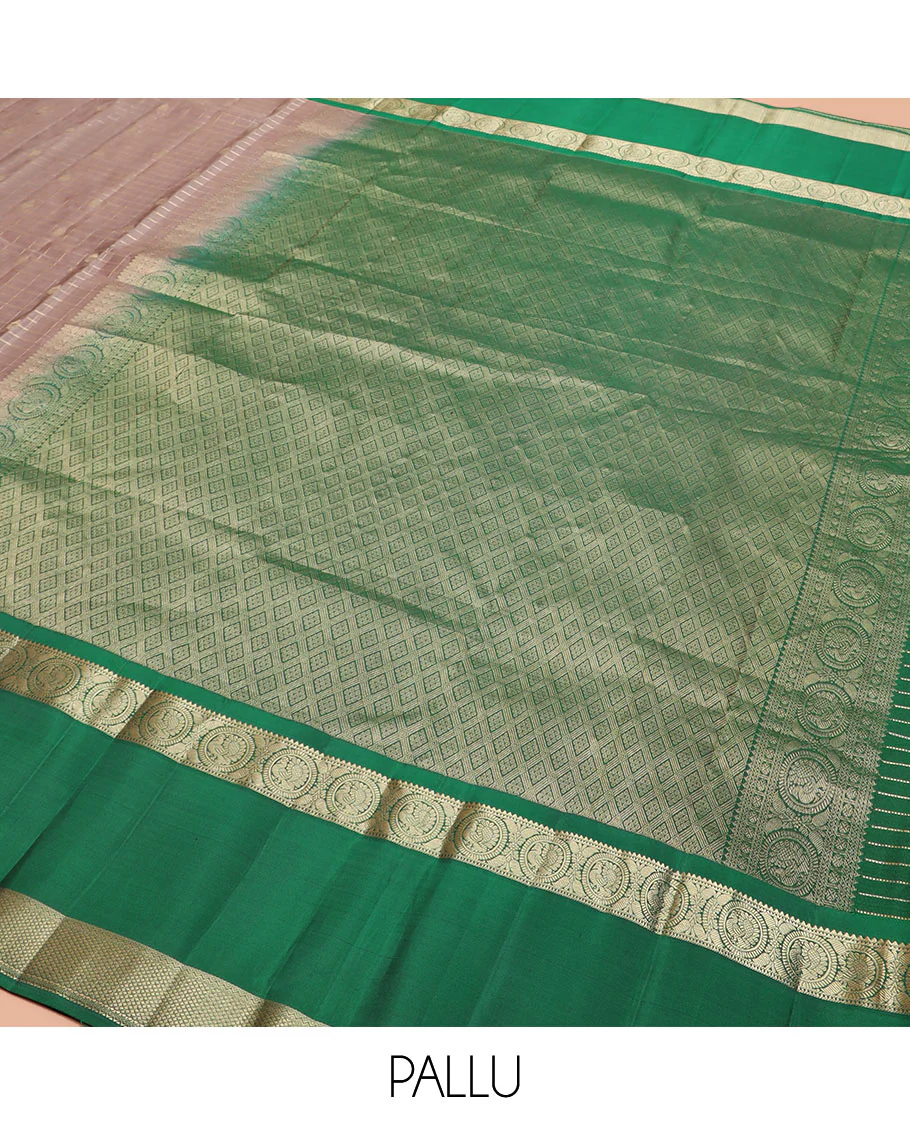 Brown Vasundhara Silk Saree Gleamed Up with Zari Butta Enclosed Checks, Complemented by a Contrast Rettai Pettu Blouse of Rekku, Round Mayil, Neli, and Mayil Kann Designs, Pallu Embellished with Jaal Designs, and Paired with a Contrast Blouse - Image 5