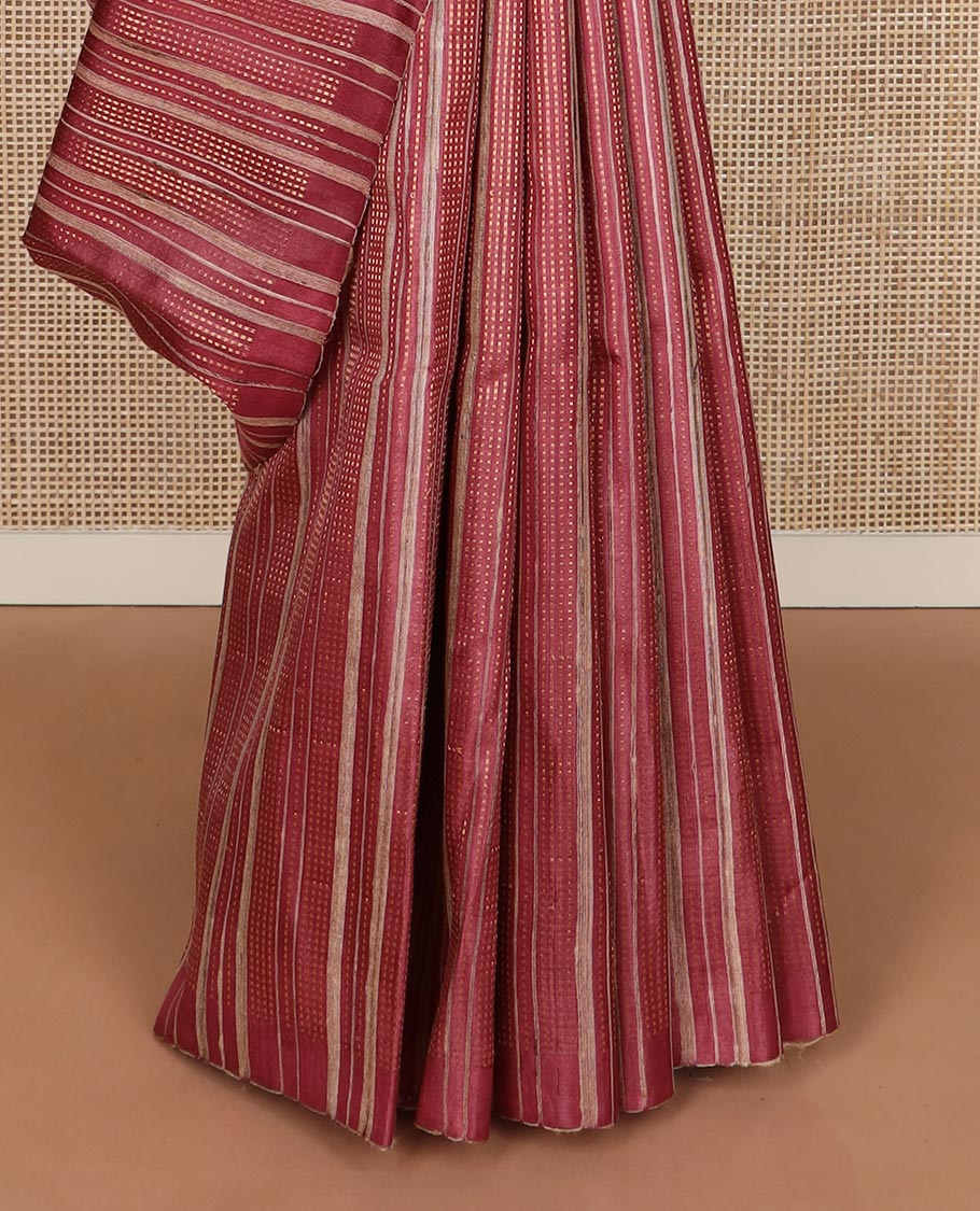Brown vertically striped tussar silk saree, striped border and temple pallu - Image 4