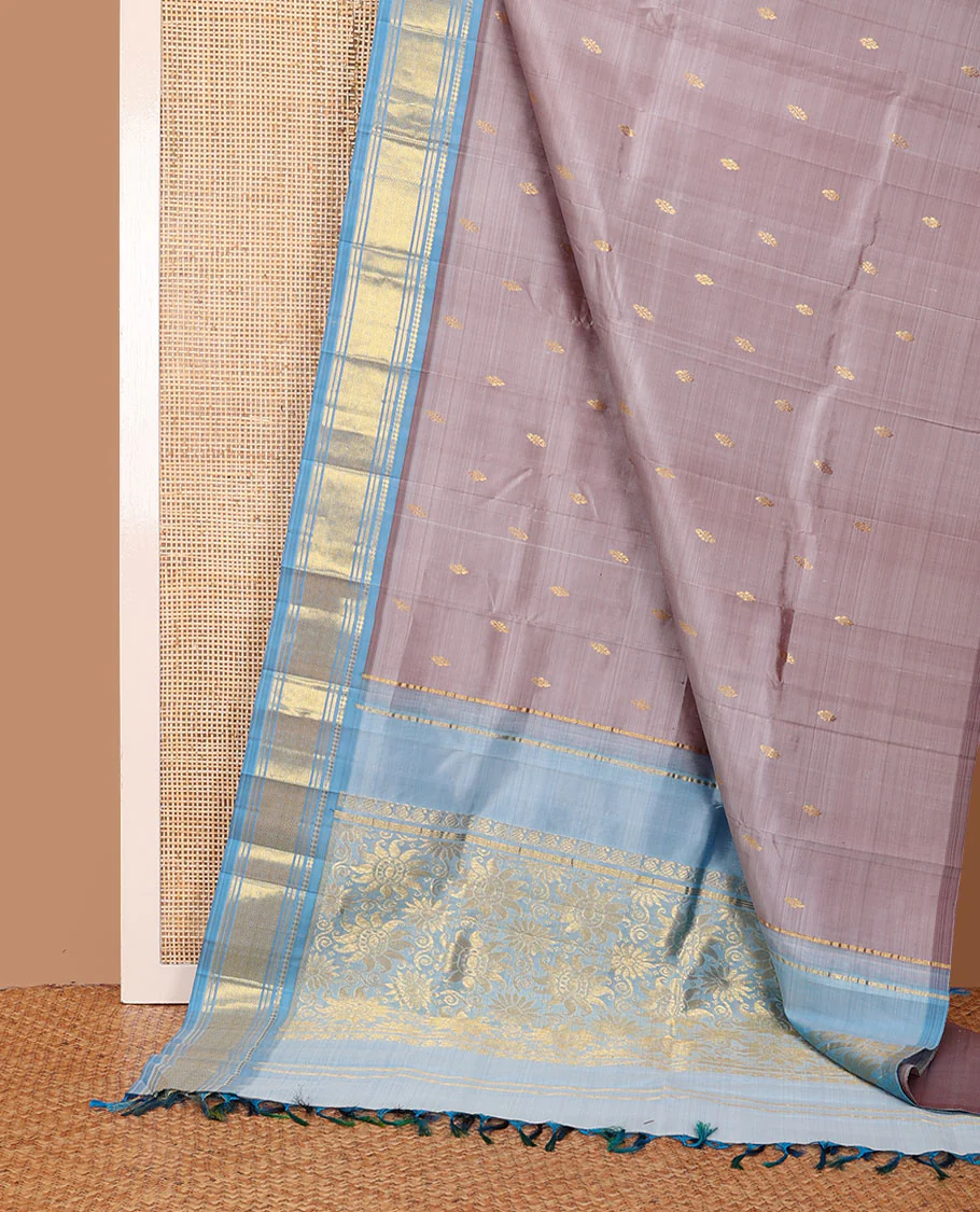 Brown zari buttas Kanchipuram silk saree, contrast one-sided korvai border of panner sombu,banaras & jaal & floral design pallu - Image 3