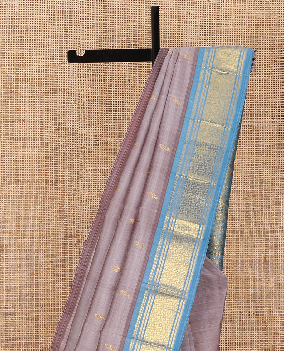 Brown zari buttas Kanchipuram silk saree, contrast one-sided korvai border of panner sombu,banaras & jaal & floral design pallu - Image 4
