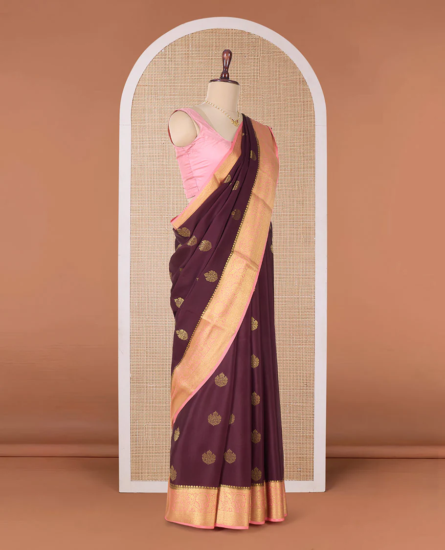 Brown zari buttas Mysore silk saree, contrast traditional zari border, and pallu of intricate designs