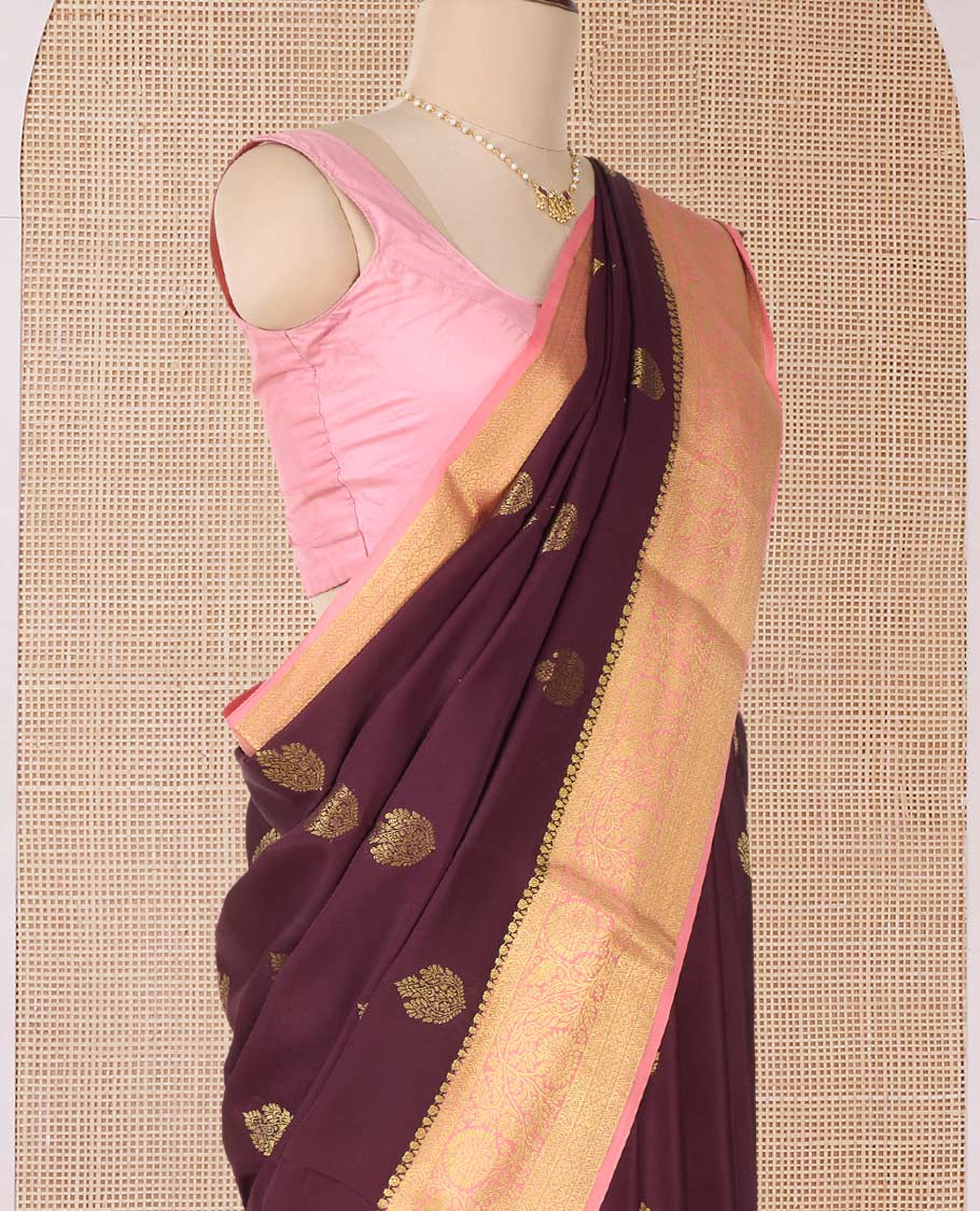 Brown zari buttas Mysore silk saree, contrast traditional zari border, and pallu of intricate designs - Image 2