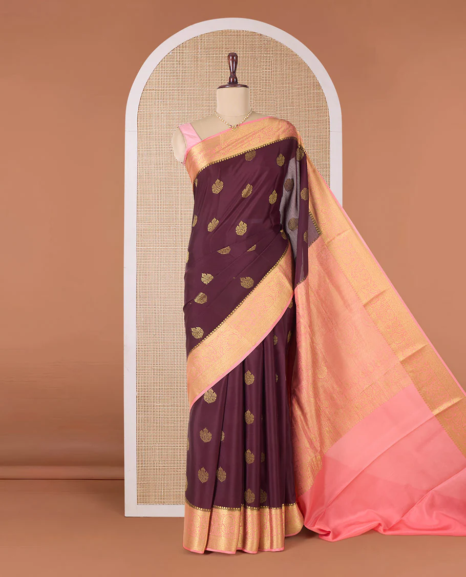 Brown zari buttas Mysore silk saree, contrast traditional zari border, and pallu of intricate designs - Image 3