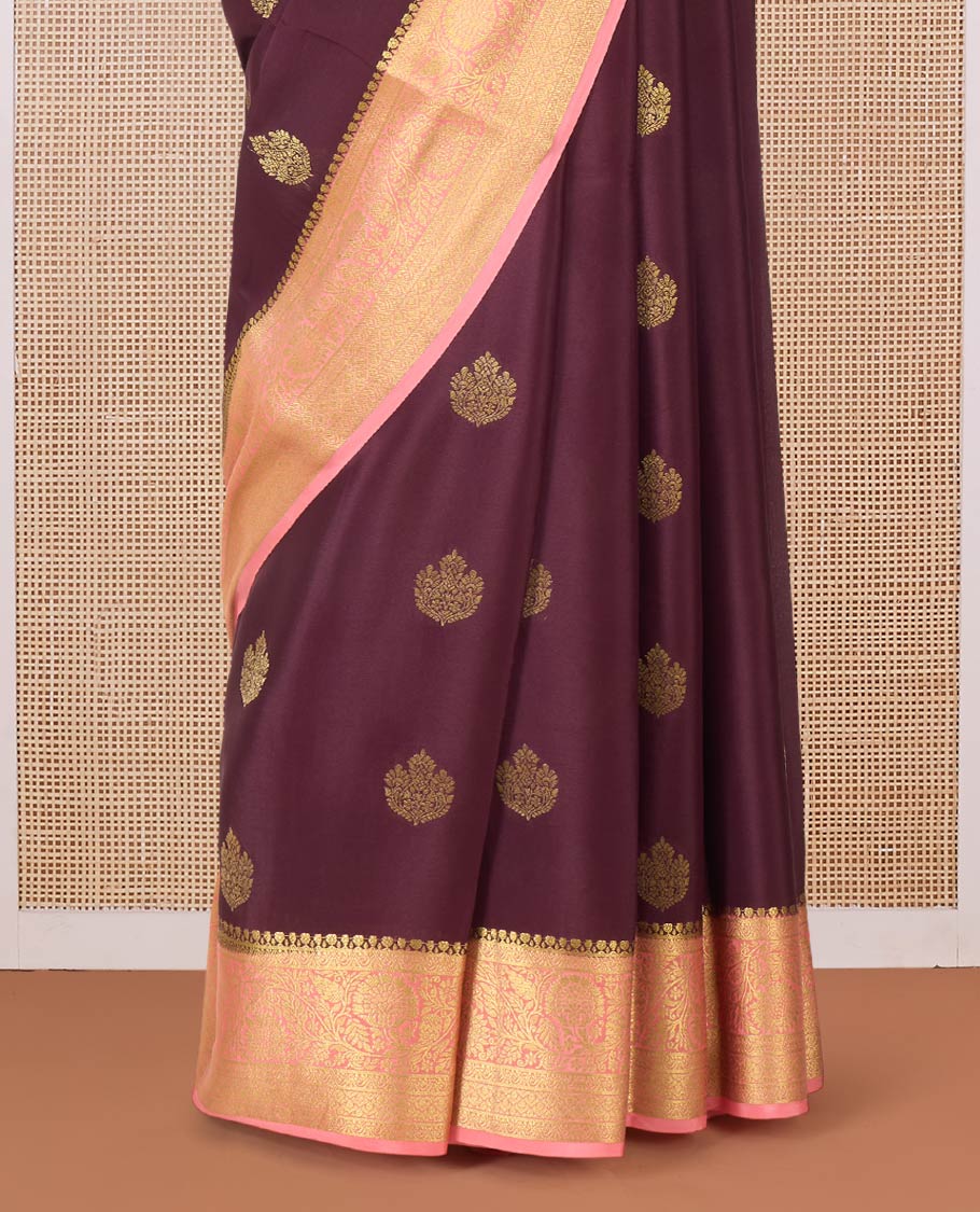 Brown zari buttas Mysore silk saree, contrast traditional zari border, and pallu of intricate designs - Image 4