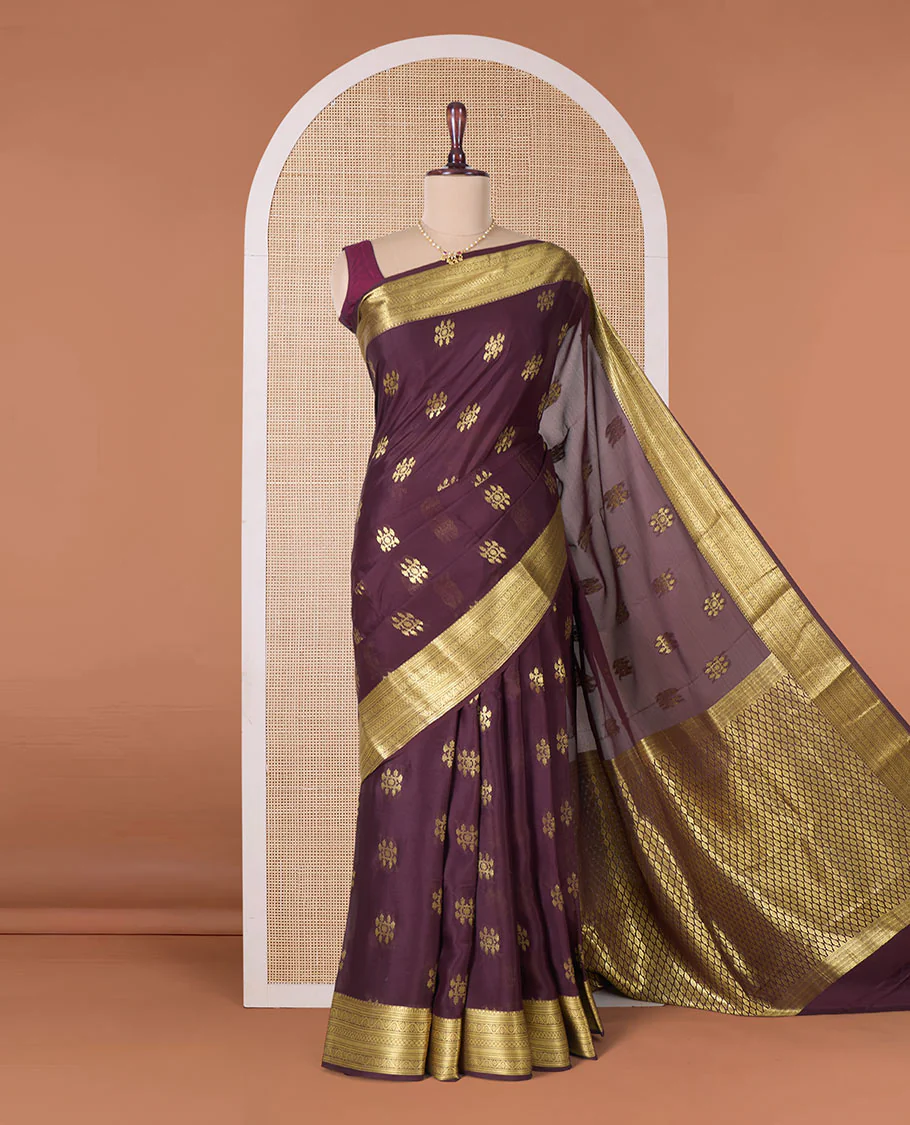 Maroon zari buttas Mysore silk saree, traditional zari border, and jaal pallu - Image 2