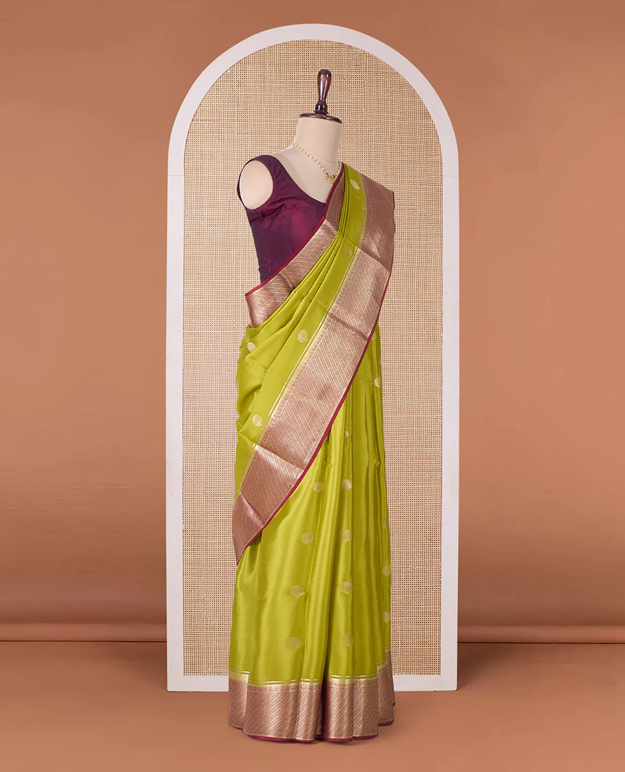 Green tree butta Mysore silk saree, contrast traditional zari border, and intricate pallu