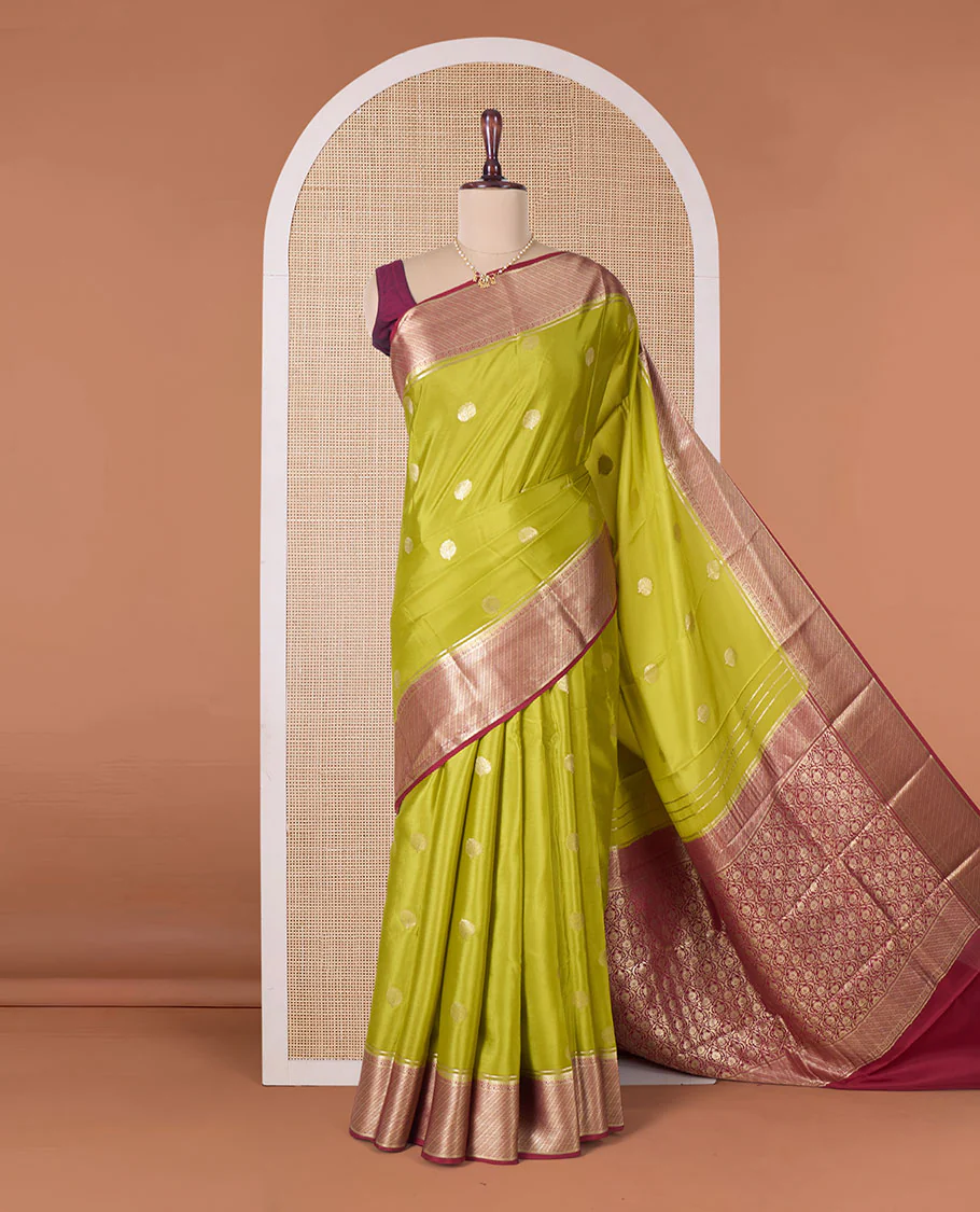 Green tree butta Mysore silk saree, contrast traditional zari border, and intricate pallu - Image 2