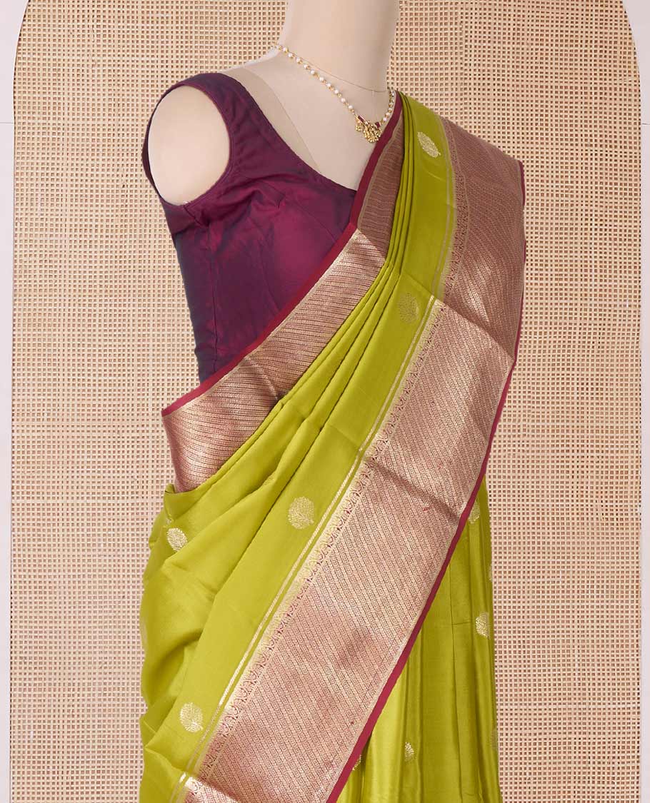 Green tree butta Mysore silk saree, contrast traditional zari border, and intricate pallu - Image 3
