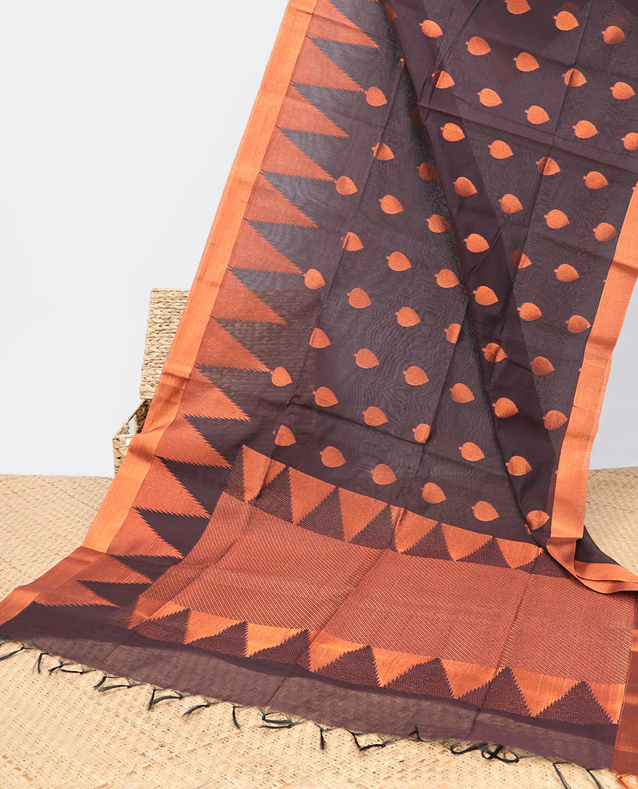 Brown zari buttas semi-silk cotton saree, temple border & diagonal striped pallu