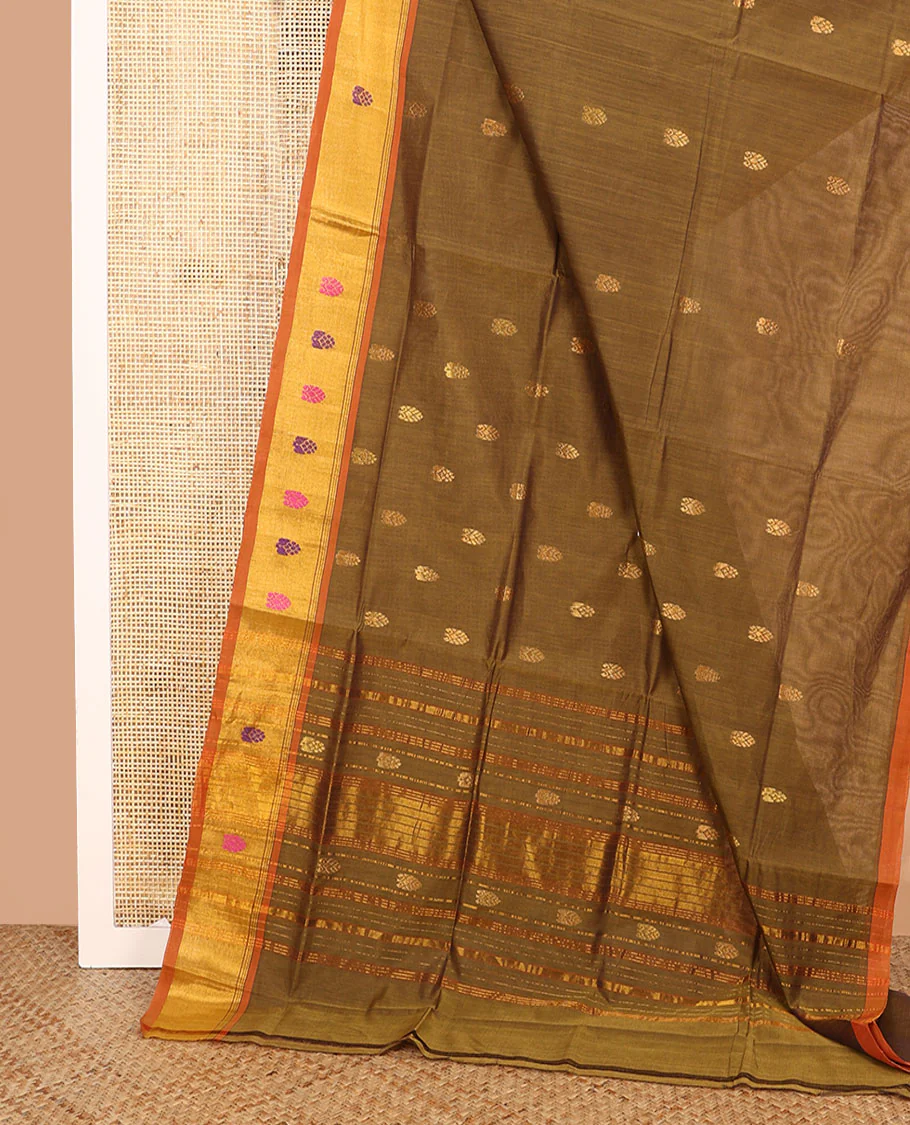 Brown zari buttas Venkatagiri cotton saree, contrast thread and zari border, and palu of zari designs - Image 2