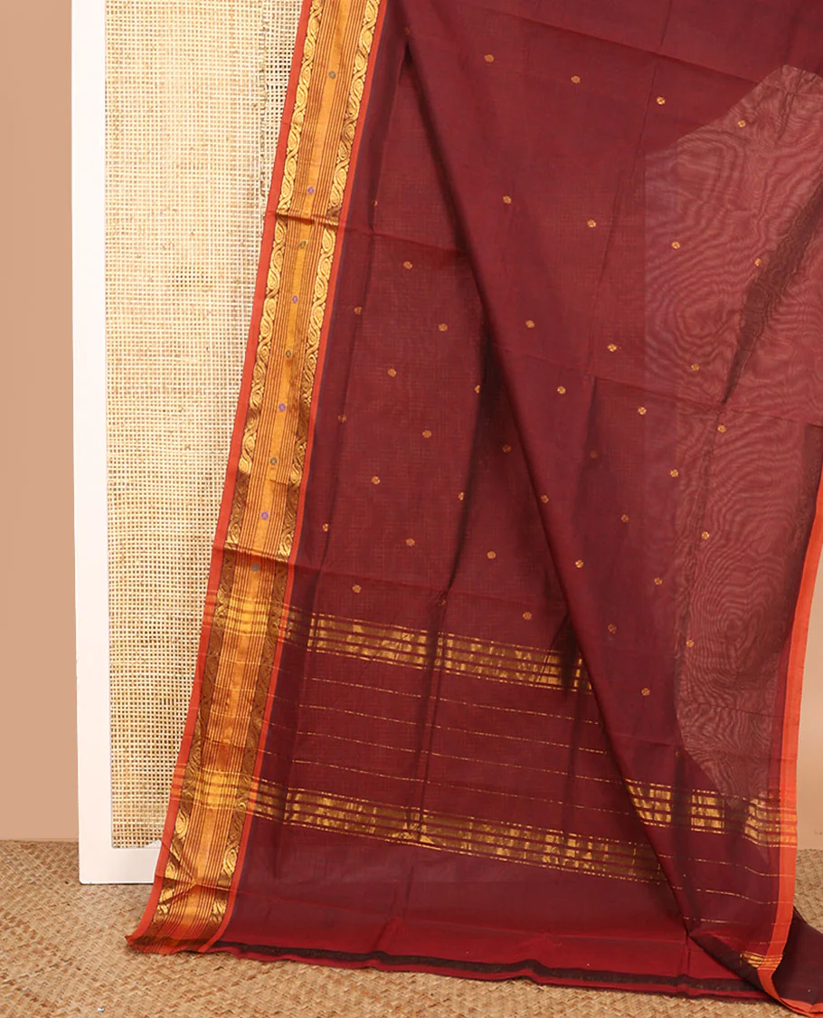 Brown zari buttas Venkatagiri cotton saree, contrast traditional zari and thread border, and zari striped pallu - Image 2