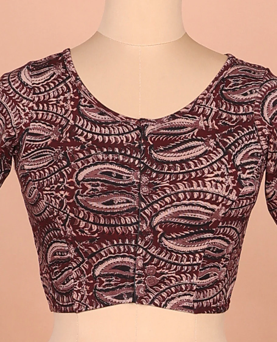 Burgundy paisley vine printed round-neck elbow sleeve cotton readymade blouse - Image 2