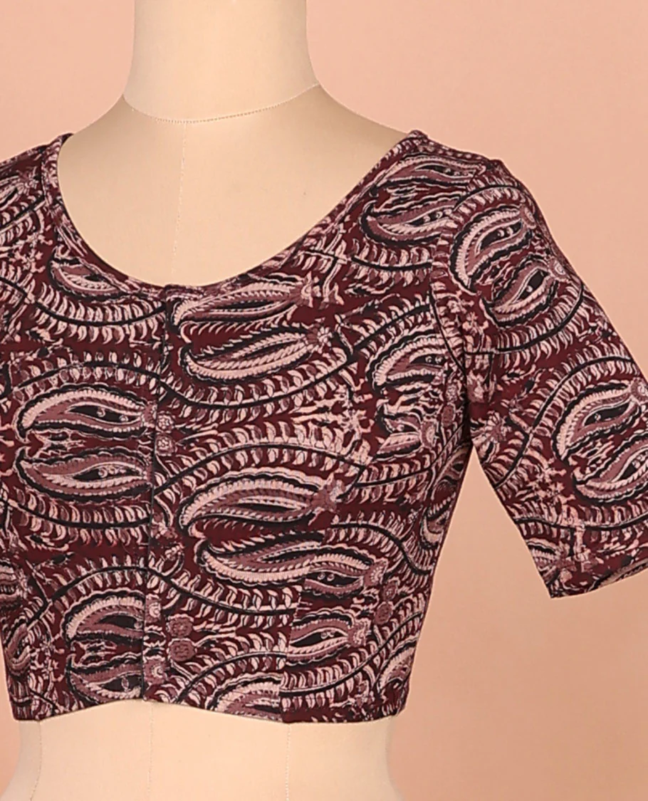Burgundy paisley vine printed round-neck elbow sleeve cotton readymade blouse - Image 3
