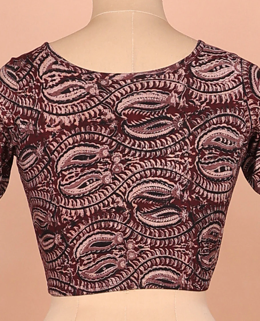 Burgundy paisley vine printed round-neck elbow sleeve cotton readymade blouse - Image 4