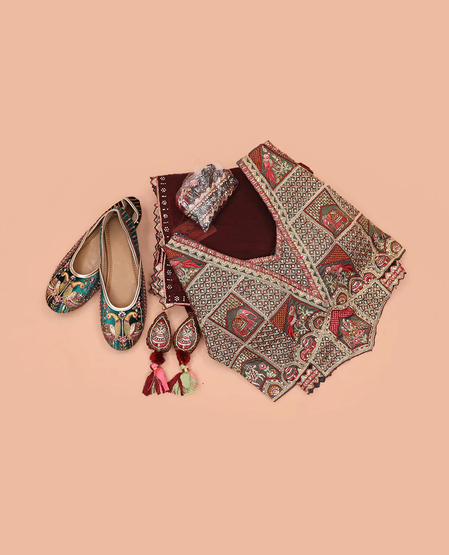 Burgundy Plain Designer Saree with Temple Lace Border, a Readymade Blouse, a Contrast Embroidered Belt, and a Pair of Free Embroidered Punjabi Shoes - Image 3