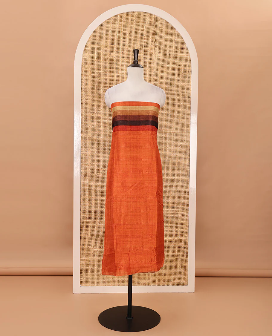 Burnt orange material chudidar set, horizontal ombre striped semi-tussar top, plain santoon bottom & horizontal ombre striped dupatta with tassels - Image 4